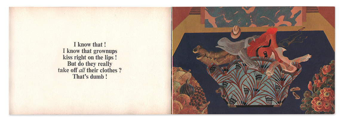 Two pages of a book, one with text and the other with clothes scattered by a sofa.